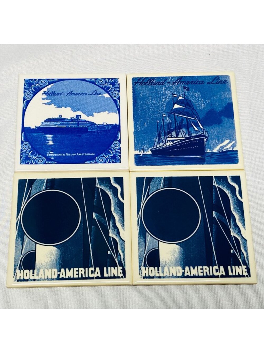 Holland-America Line Tile Coaster Set Of 4 Cruise Art Deco Ceramic Cork Backed